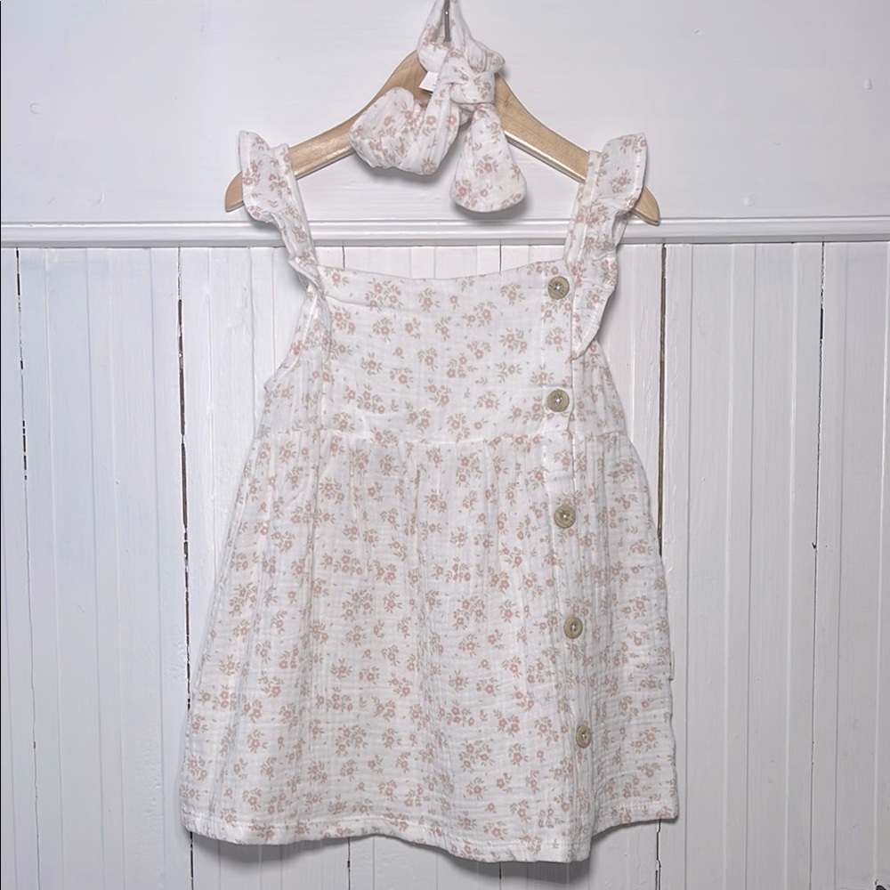 RABBIT BEAR NWOT 100% Organic Cotton Muslin Floral Dress & Matching Headband